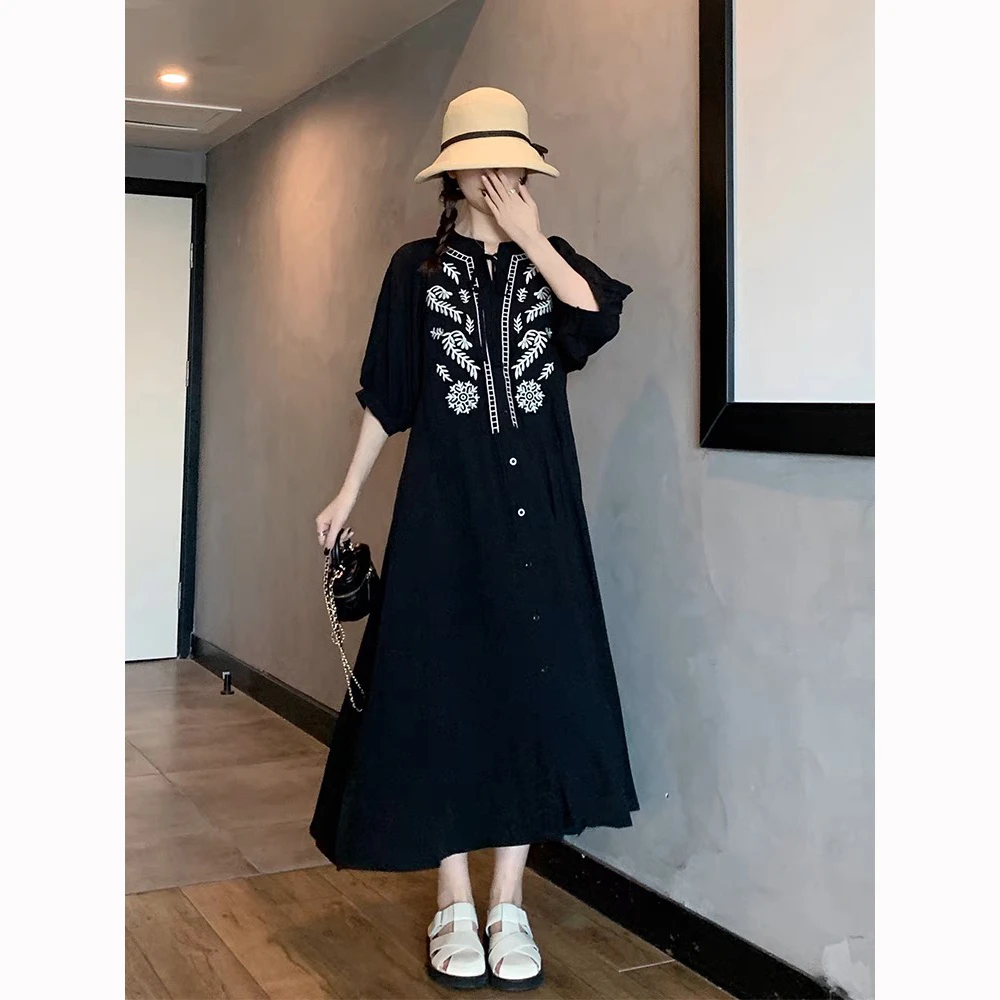 黑色大码连衣裙女夏季新款胖mm宽松显瘦遮肚子藏肉新中式复古长裙