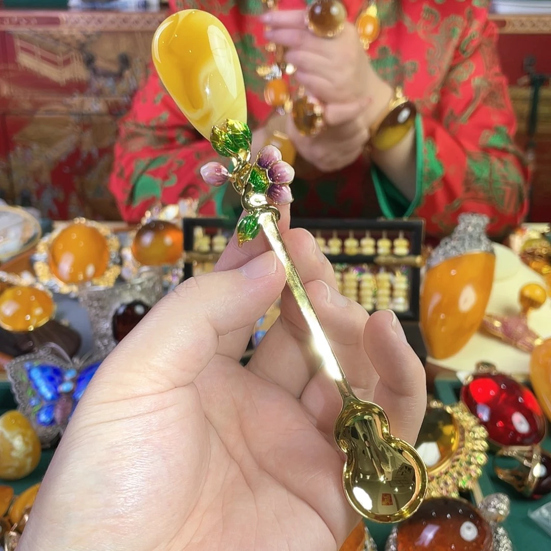 蜜蜡裸石银S925镀金镶嵌蜜蜡餐具