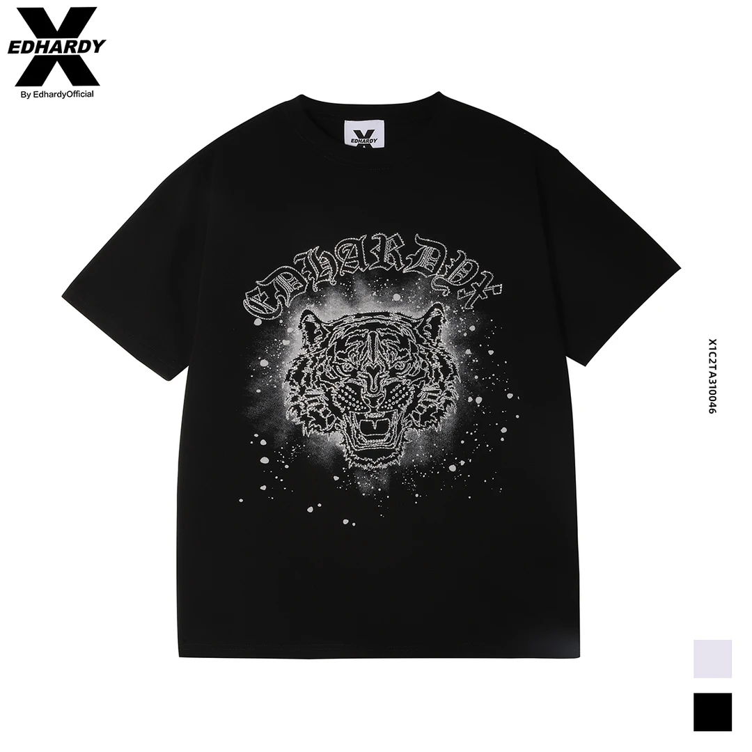 EDHARDY X夏季百搭圆领纯棉宽松潮流虎头烫钻短袖T恤X1C2TA310046