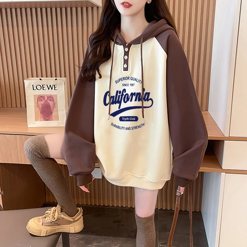 慵懒风撞色连帽卫衣女2025秋冬新款女大童设计感宽松显瘦上衣外套