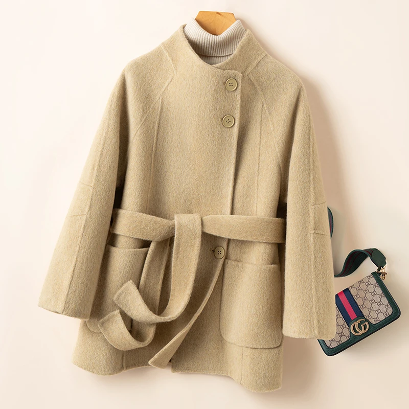 双面羊毛大衣女秋冬韩版立领高级感气质小个子宽松羊毛呢外套