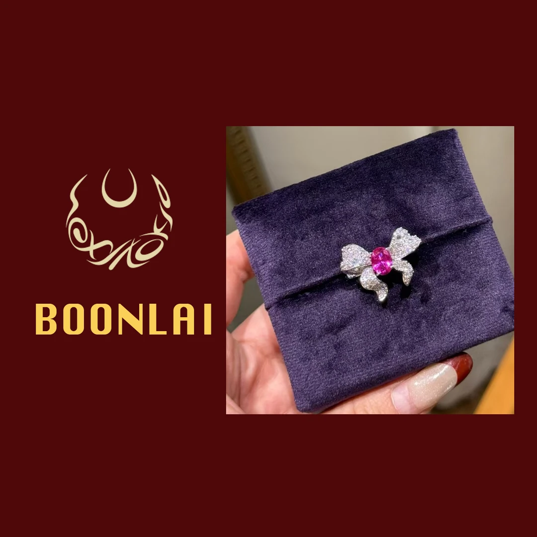 铜合金合成锆石戒指 Boonlai 粉色爱心镶钻蝴蝶结戒指045