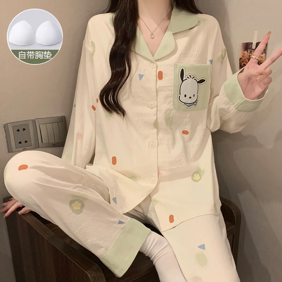 带胸垫云朵棉睡衣女甜美卡通新款春秋季长袖女士睡衣可外穿家居服