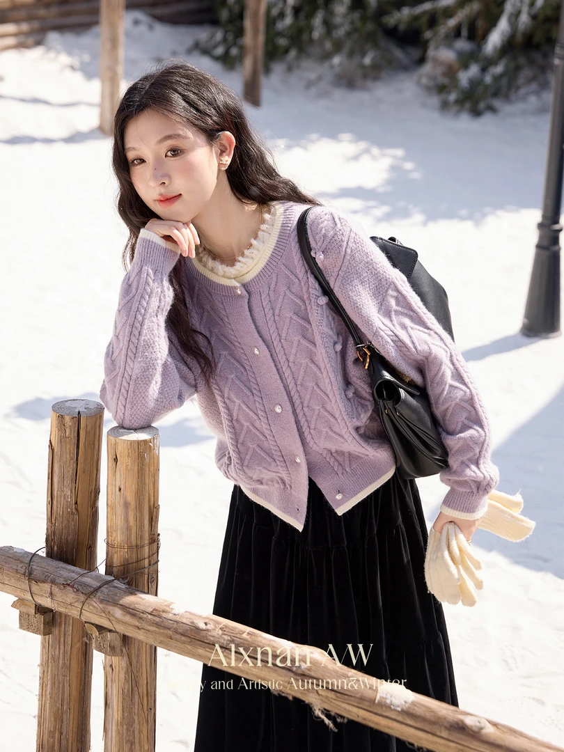 鹿向南「时光独白」灰紫色毛衣开衫2024冬季慵懒感宽松上衣女L52510