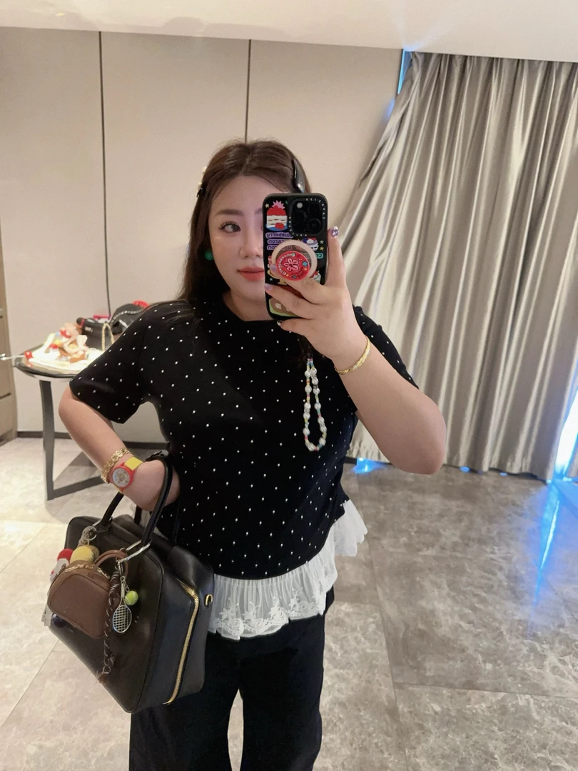 2025夏季新款蕾丝波点T恤韩系波点圆领短袖上衣508