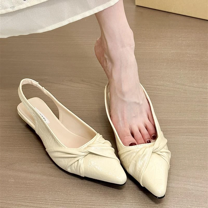 张小姐限定温柔!气质尖头皱褶浅口单鞋女春韩版平底包头后空凉鞋