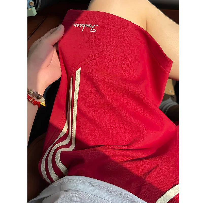 潮流条纹休闲短裤男夏季外穿阔腿宽松中裤子重磅针织运动五分卫裤