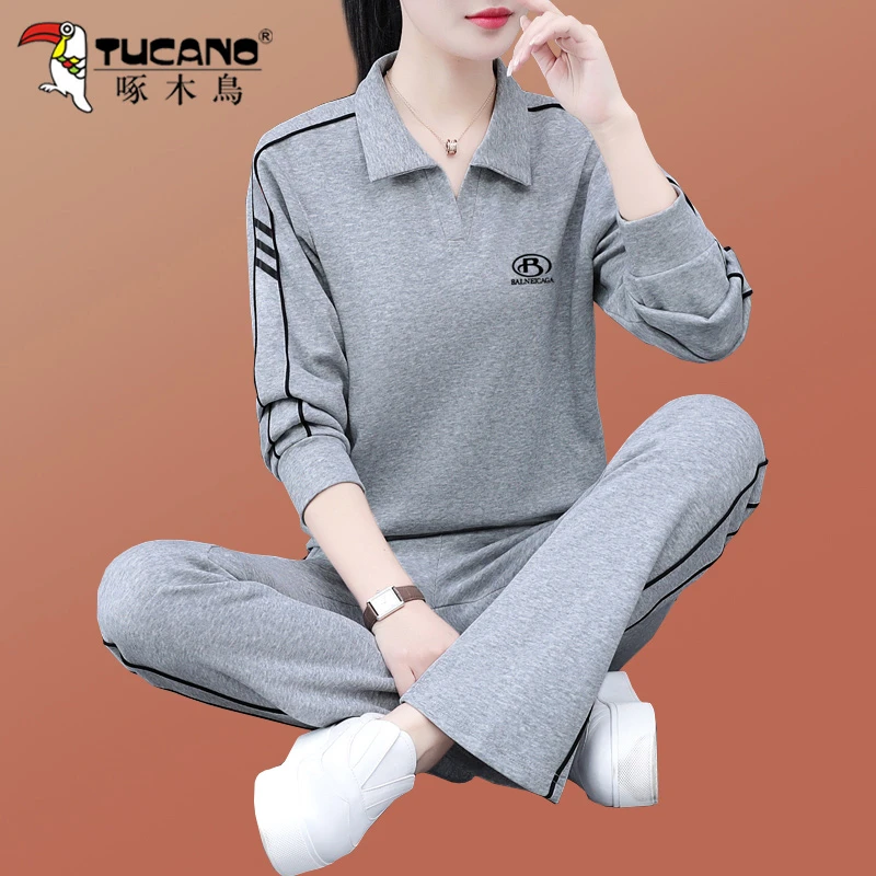 啄木鸟翻领运动服套装女款爆款2025新款高级感洋气秋季休闲两件套