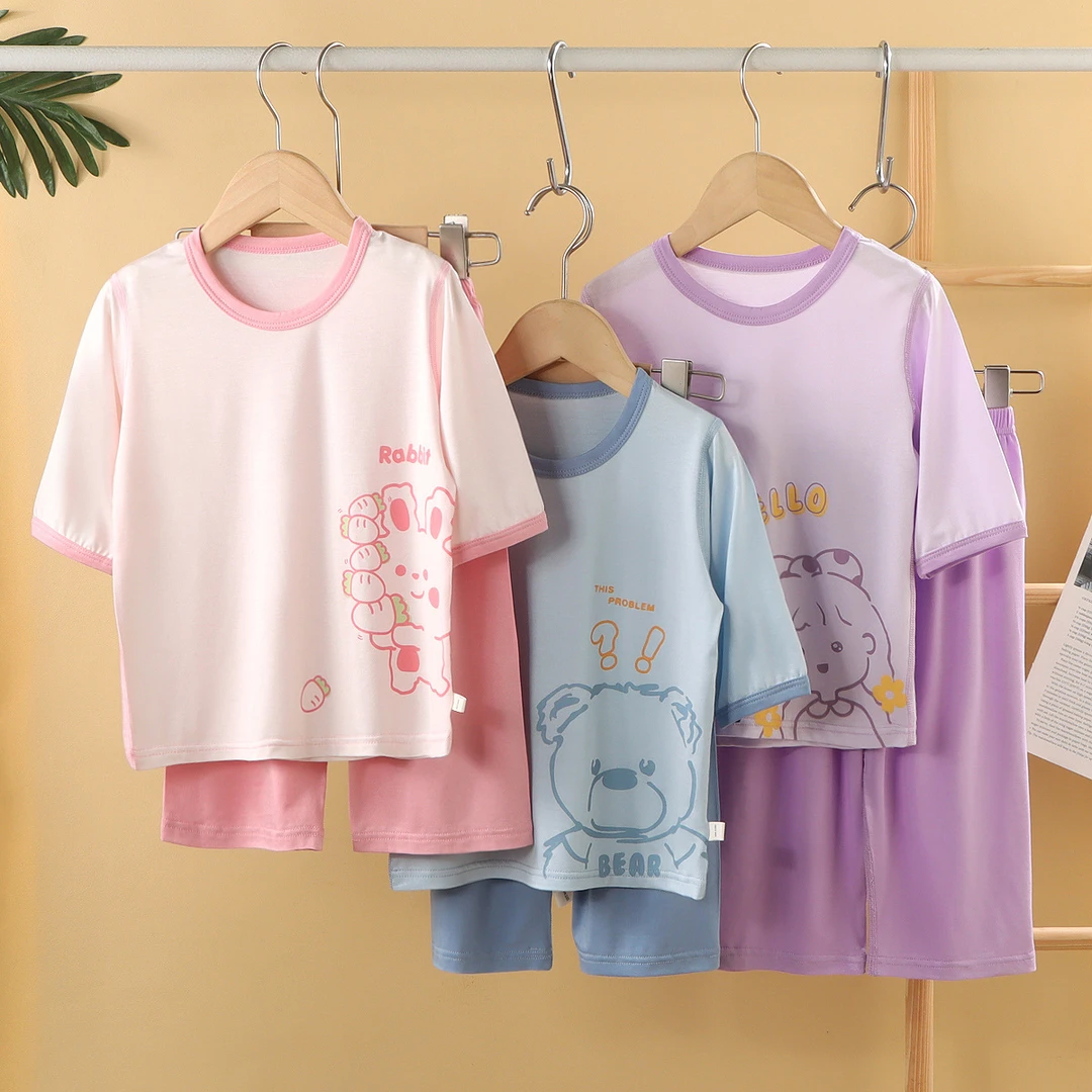 无骨莫代尔中袖九分裤儿童空调服薄款夏季家居服睡衣套装