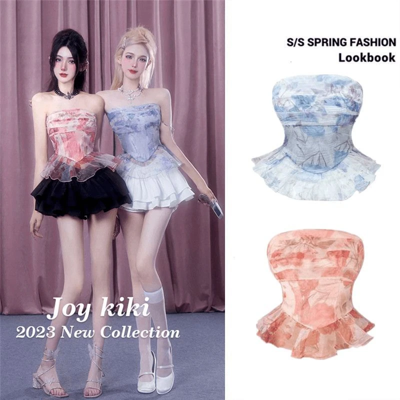 蓬蓬辣妹半裙长腿特效新款裤裙字超短裙网纱拼接抹胸上衣女套装