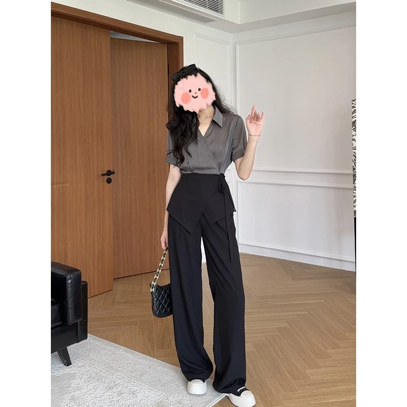 【城市通勤王】时尚气质黑灰高级撞色收腰衬衫+显瘦直筒裤两件套装