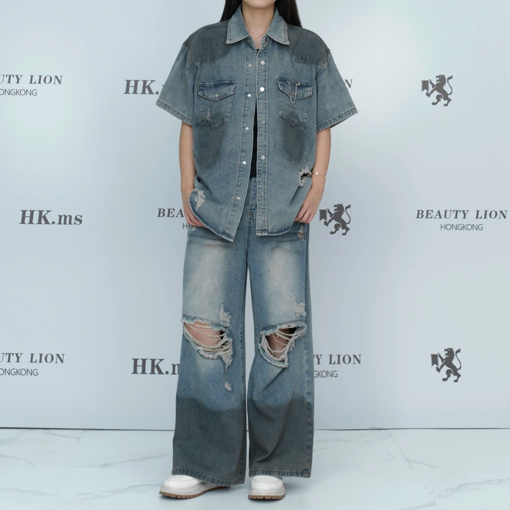 2025H·K美狮潮牌时尚夏季牛仔脏脏风翻领破洞百搭休闲套装