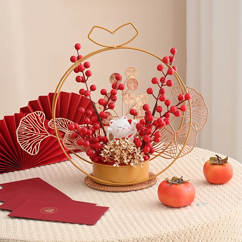 【流星雨】爱心花篮摆件柿柿如意福桶新年福桶年宵花祝福成品