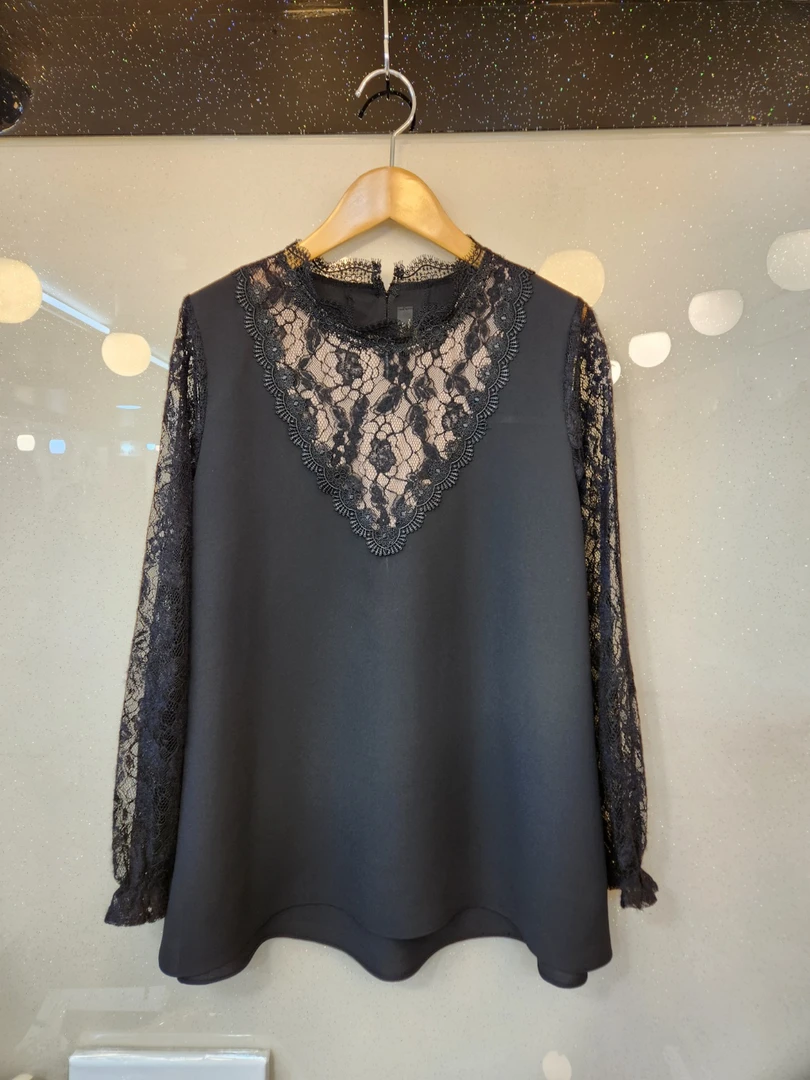 彥竹韩国东大门蕾丝袖高品质时尚女士网红长袖雪纺衫上衣小衫黑色