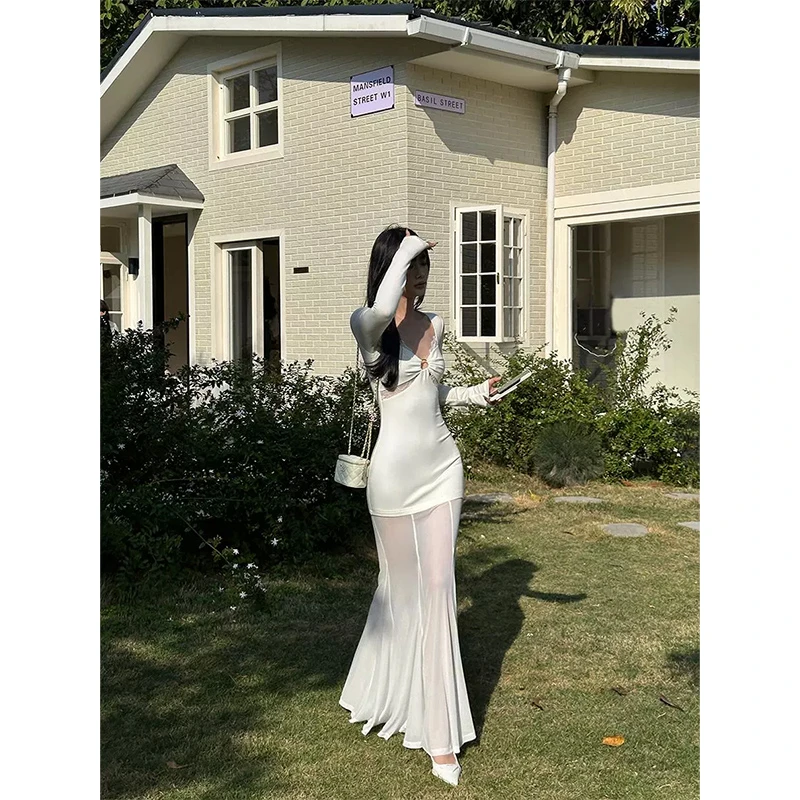 VENUIE【北岛假日】白色修身微透网纱裙显瘦设计感针织连衣裙01163