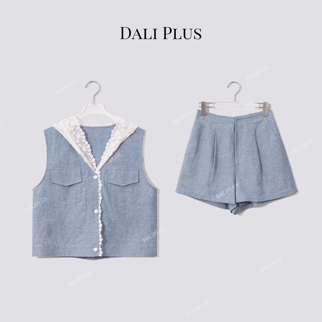 DALI PLUS“套装系列”亚麻牛仔马甲蕾丝帽衫+松紧腰短裤-D5MM2374