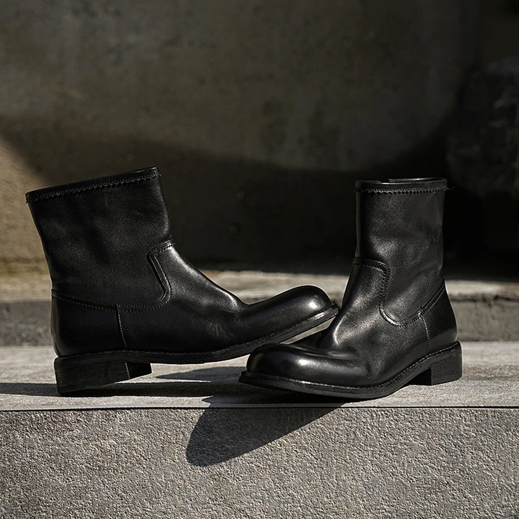 圆头方跟中跟粗跟低跟休闲风短靴女靴瘦瘦靴方头切尔西短靴