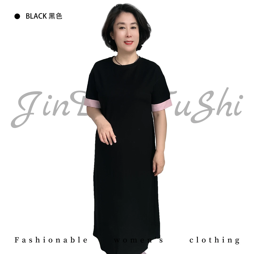 新国风翻边拼色袖宽松长裙 中年妈妈气质小众夏季女裙8577