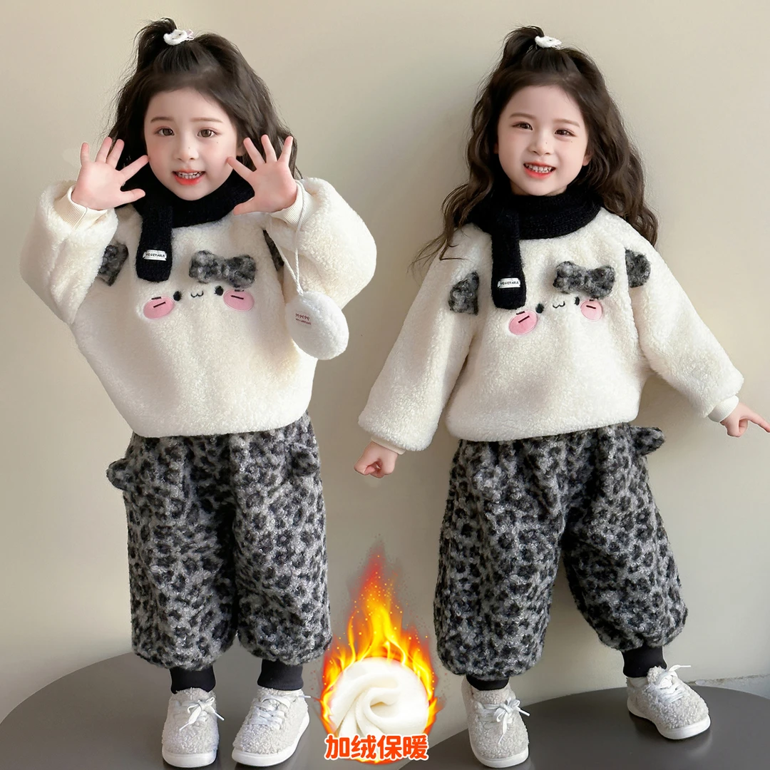 厚款秋冬冬季休闲风女童豹纹套装卫衣保暖外套加厚冬款宝宝棉服
