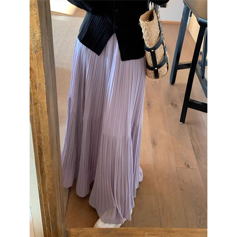 【好品质】高级紫色温柔压褶半身裙2025夏季新款设计感宽松百褶长裙