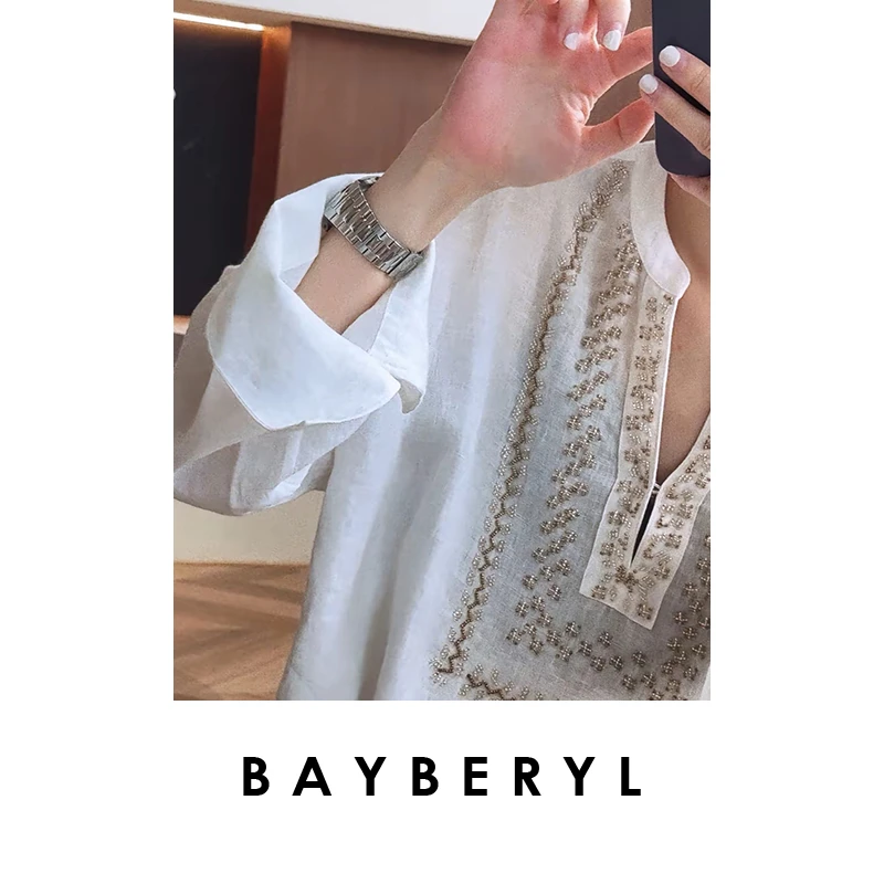 BAYBERYL老贝风屿*波西米亚订珠半开领春开叉衬衫NCY5B2723