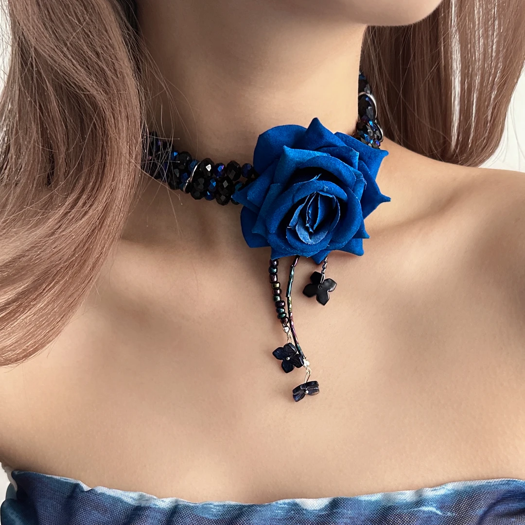 合金亚克力项链 X5450-1时尚个性潮流精致华丽轻奢蓝色玫瑰花项链