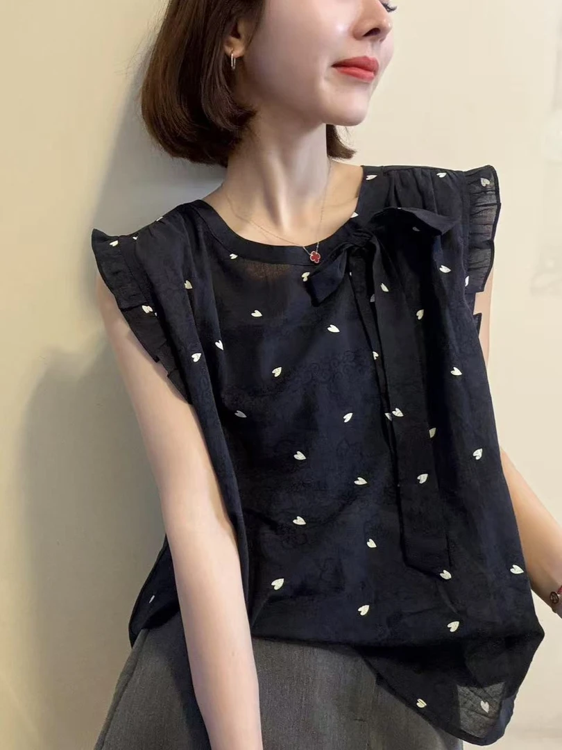高级感2025夏季新款韩系显瘦设计款洋气百搭圆领爱心印花无袖衬衫