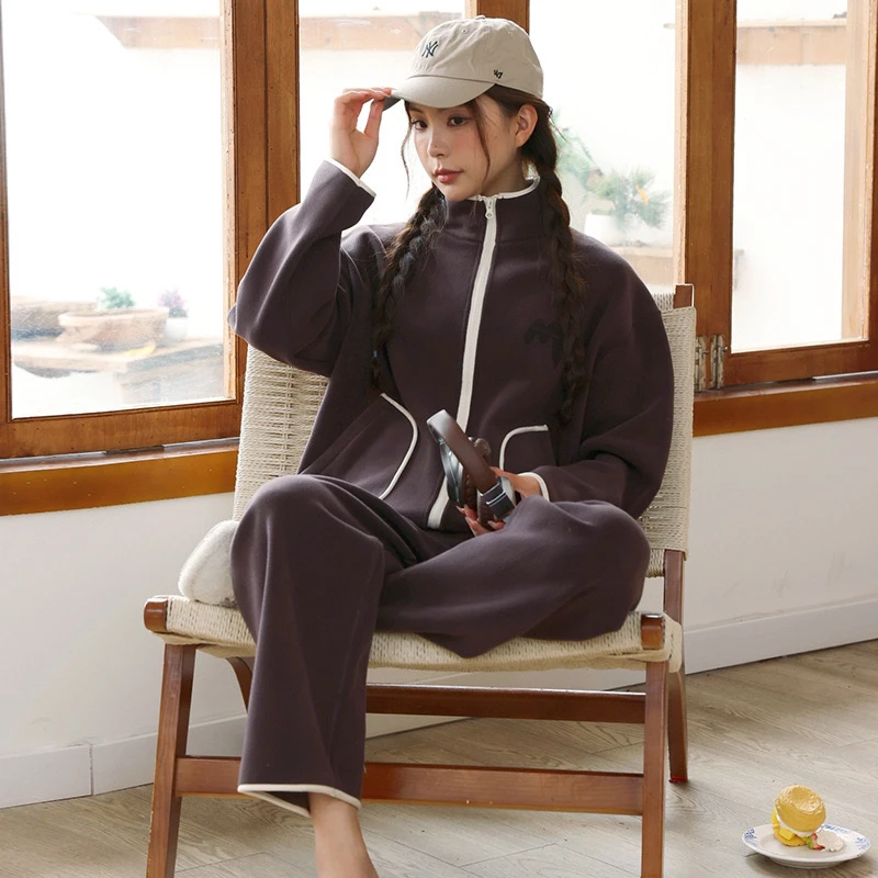 春秋拉链款撞色包边保暖宽松奥粒绒家居服套装