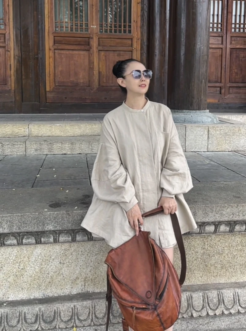 设计师款100亚麻斗篷大衬衫