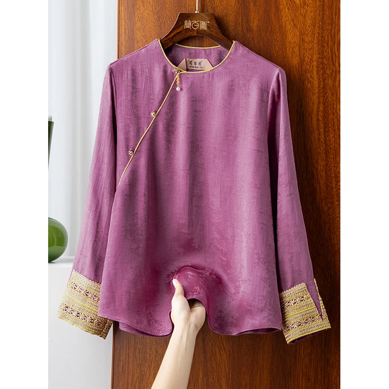 25新刺绣提花新中式织带圆领百搭气质提花缎面衬衫