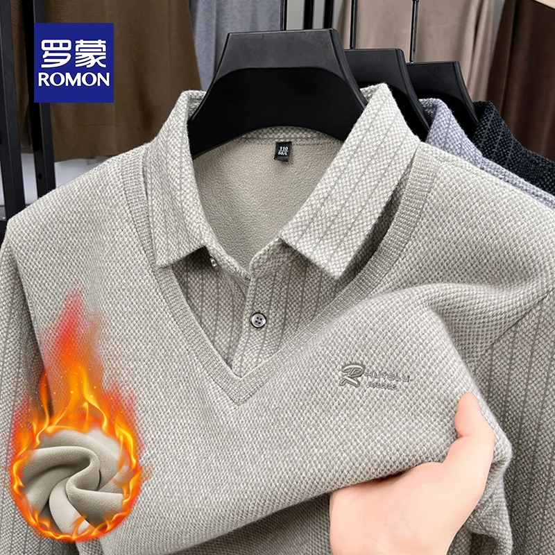 罗蒙雪貂绒男士假两件针织衫冬季加厚衬衫领毛衣休闲保暖打底上衣