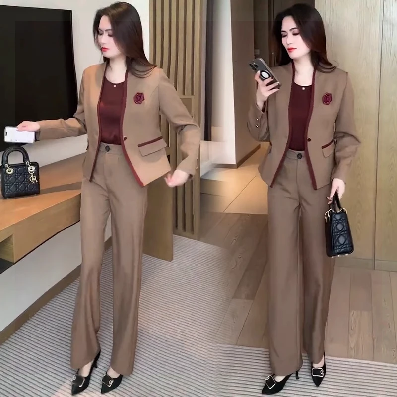 高级感西装显瘦休闲套装女2025春秋新款洋气质减龄咖色西服三件套