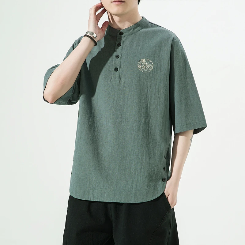 侧边排扣新中式刺绣短袖t恤男夏季薄款中国风大码宽松汉服半截袖
