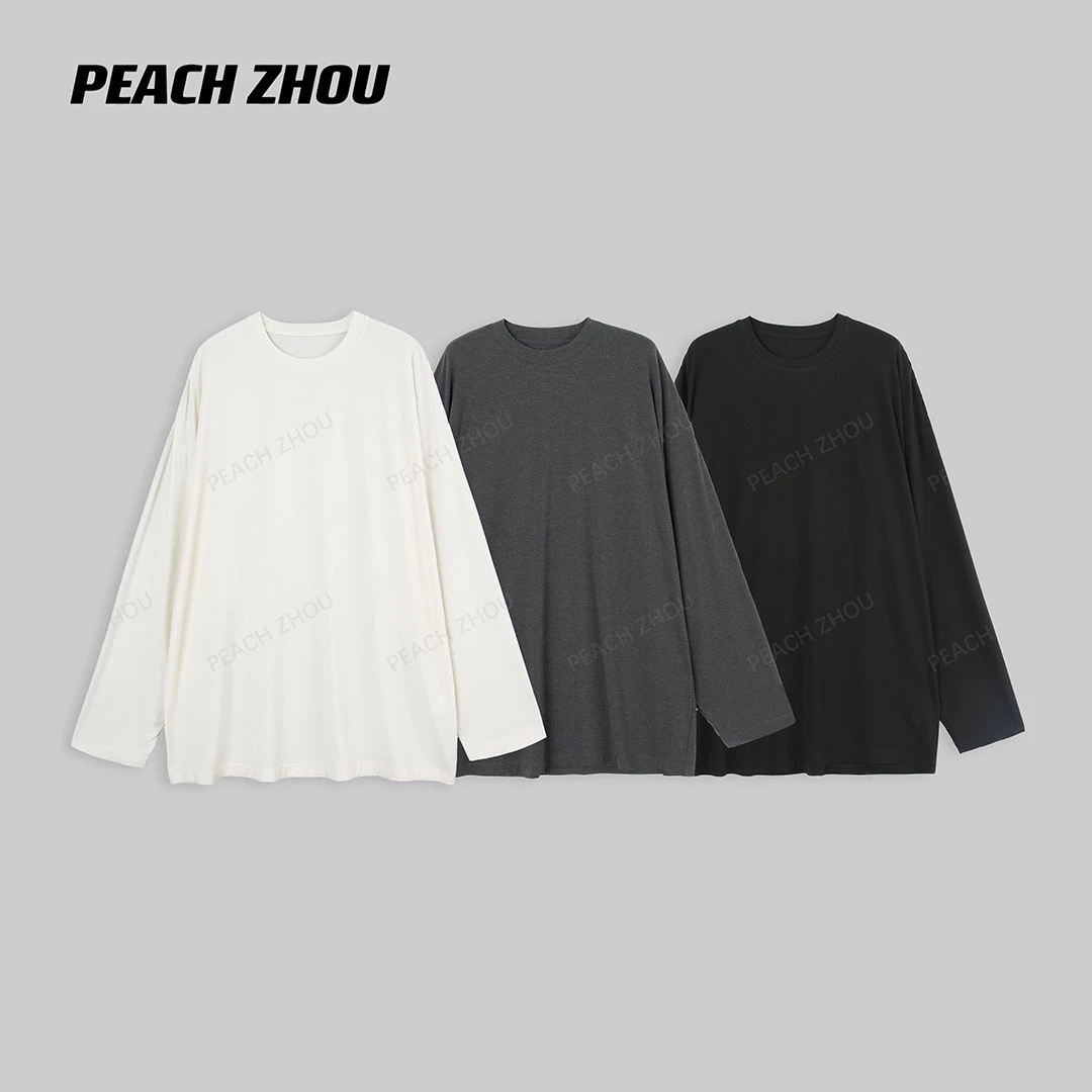 『PEACHZHOU』醋酸兰精莫代尔落肩宽松圆领长袖基础休闲纯色阔版T恤