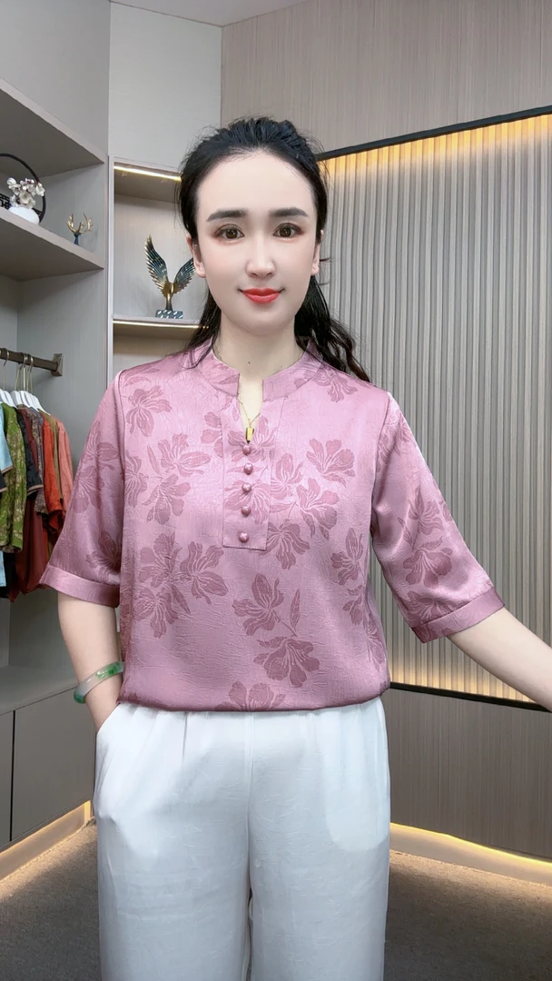 夏季国风新款妈妈装新中式遮肚显瘦时尚百搭气质V领阔太太上衣