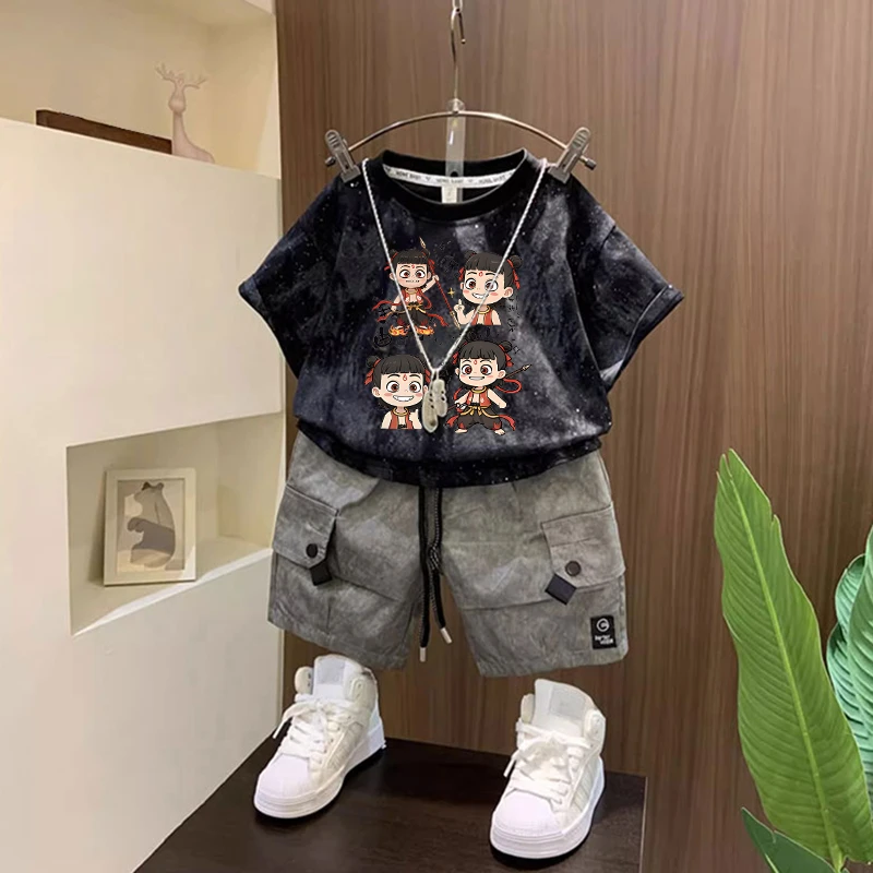 哪吒儿童短袖套装夏季短裤两件套男童洋气国潮运动帅气中大童套装