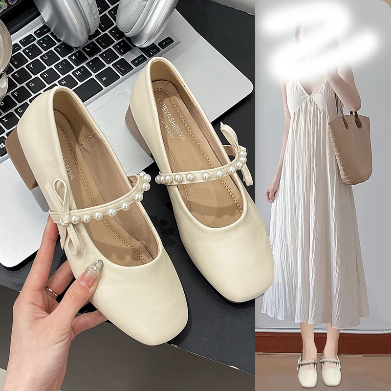 珍珠女鞋鞋单鞋温柔百搭浅口仙女风法式浅口一脚蹬女跟鞋