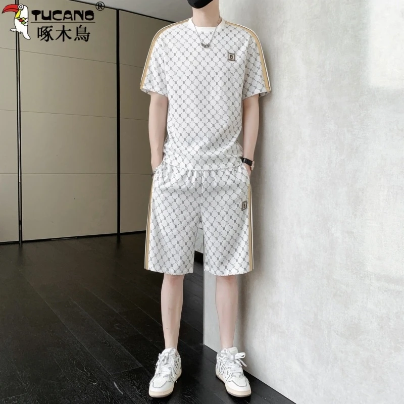 啄木鸟夏季新款男士休闲套装短袖短裤T恤百搭宽松运动薄款两件套