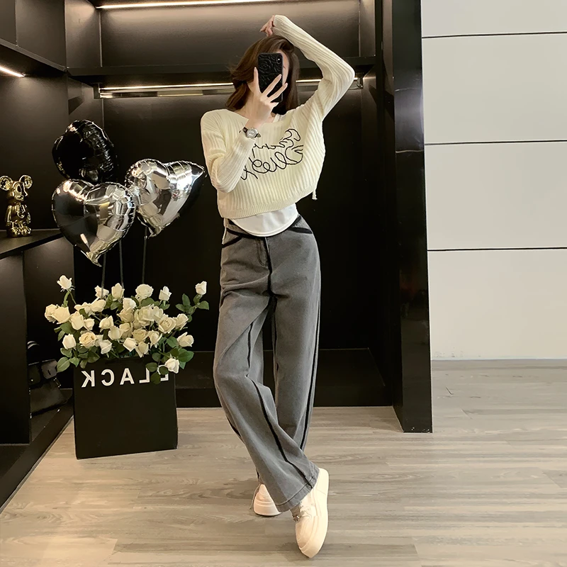 秋季时尚减龄套装吊带针织衫长袖宽松显瘦直筒高腰牛仔裤三件套