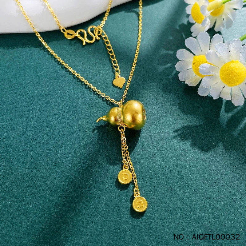 足金999 古法空心可调节纳福葫芦福禄铜钱造型流苏套链
