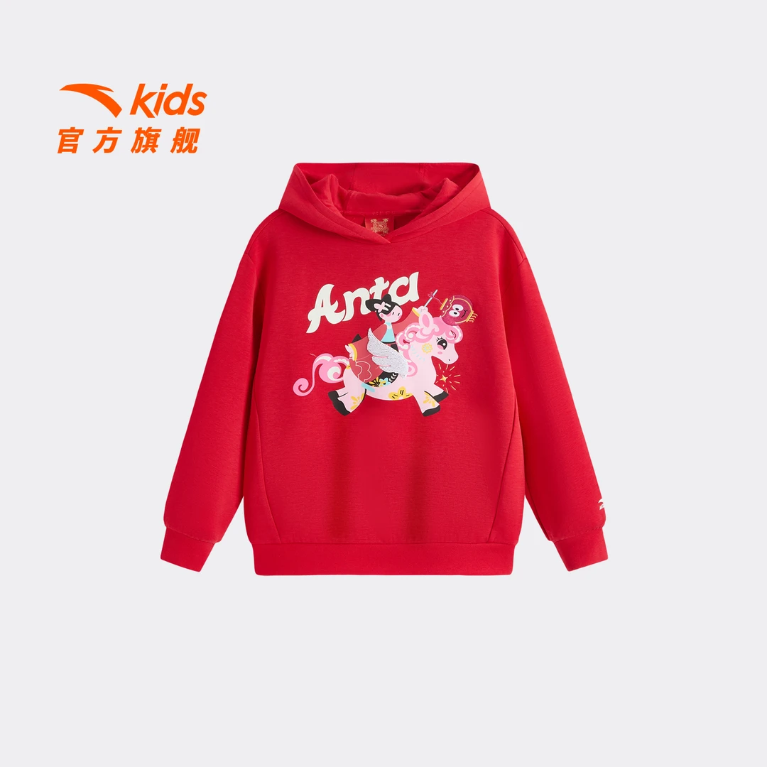 安踏儿童新年款女小童针织连帽套头衫26年春新款女孩潮流卫衣-zb
