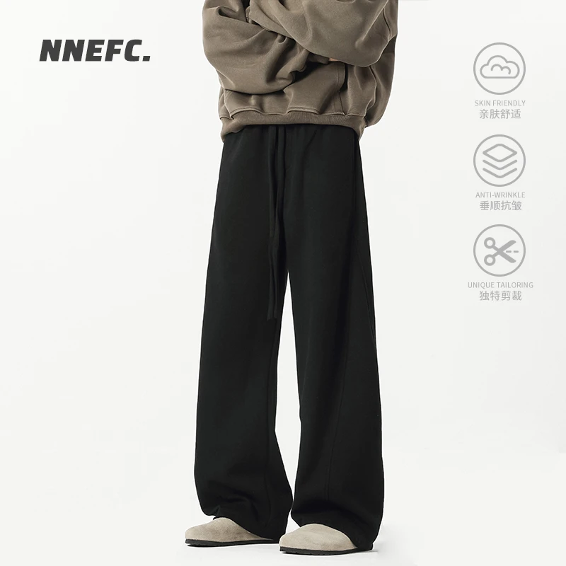 NNEFC重磅纯色加绒运动裤男女秋冬季美式高街阔腿复古宽松弯刀裤