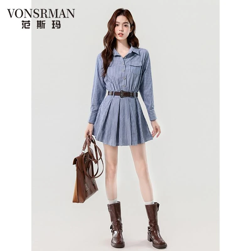 学院风韩系百搭简约衬衫裙2025春秋季新款小个子条纹百褶连衣裙女