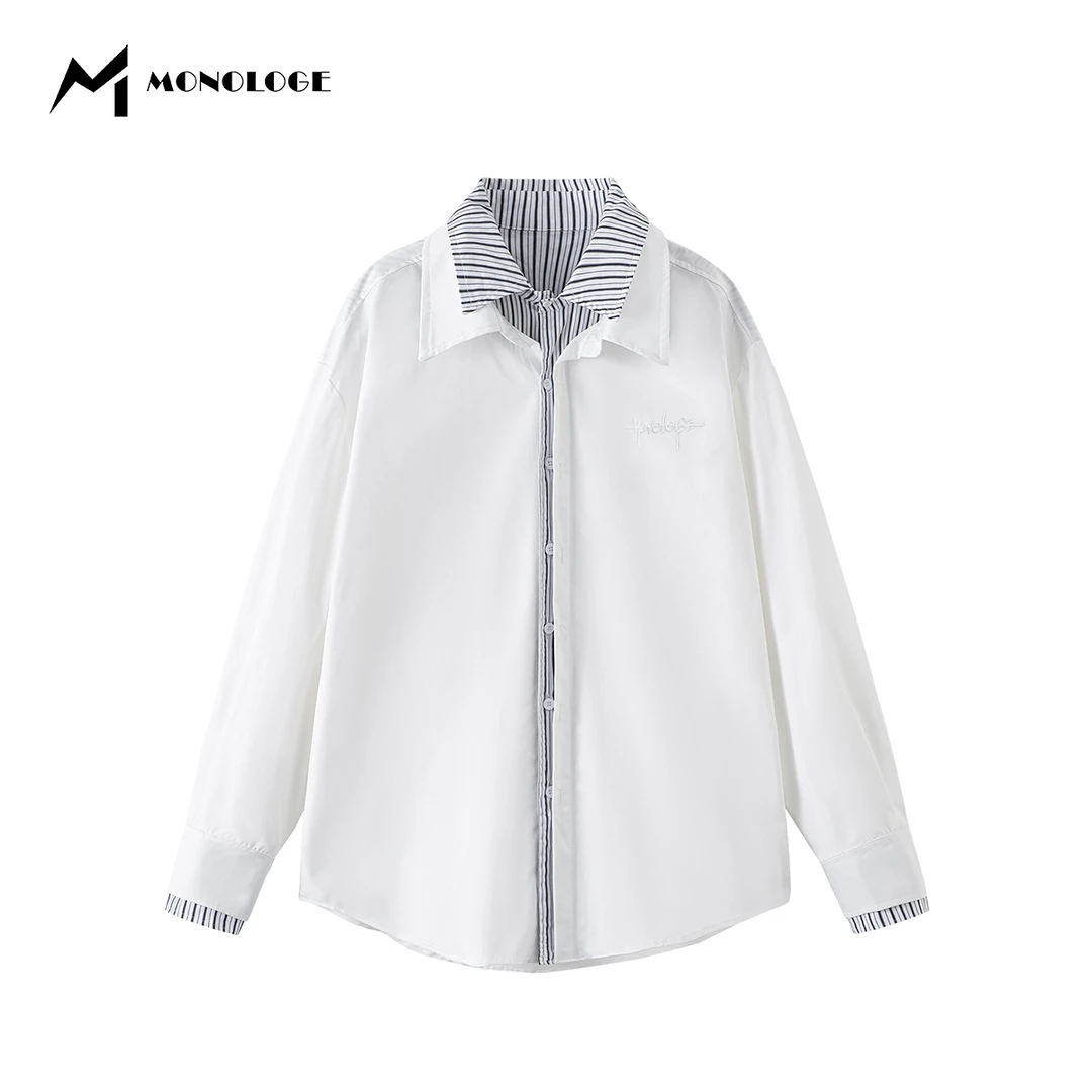 MONOLOGE设计款秋季假两件长袖衬衫男潮牌宽松休闲百搭衬衣外套