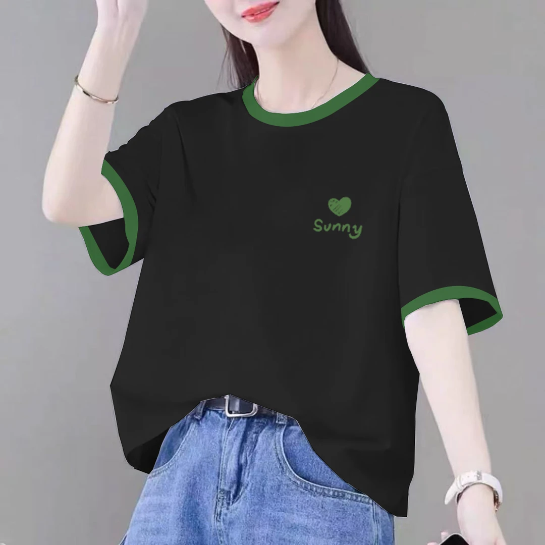 100%纯棉短袖t恤女夏季新款大码宽松休闲减龄撞色假两件圆领上衣