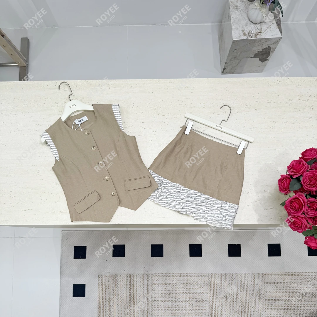 【灵动韵律】法式松弛感无袖圆领拼接上衣+半裙套装RY1368