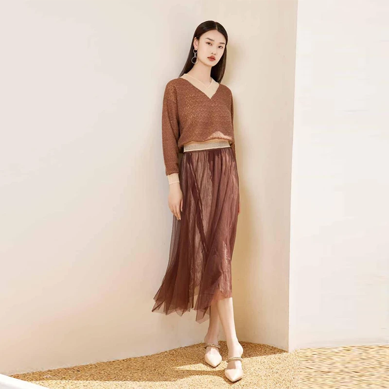 【嘉贝】含绵羊毛长袖V领针织衫2025春季商场撤柜品牌女装