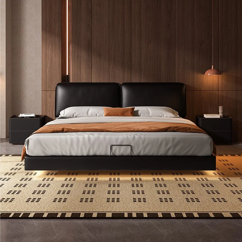 【越映】大黑牛床意式极简主卧室家具双人皮艺别墅真皮大床