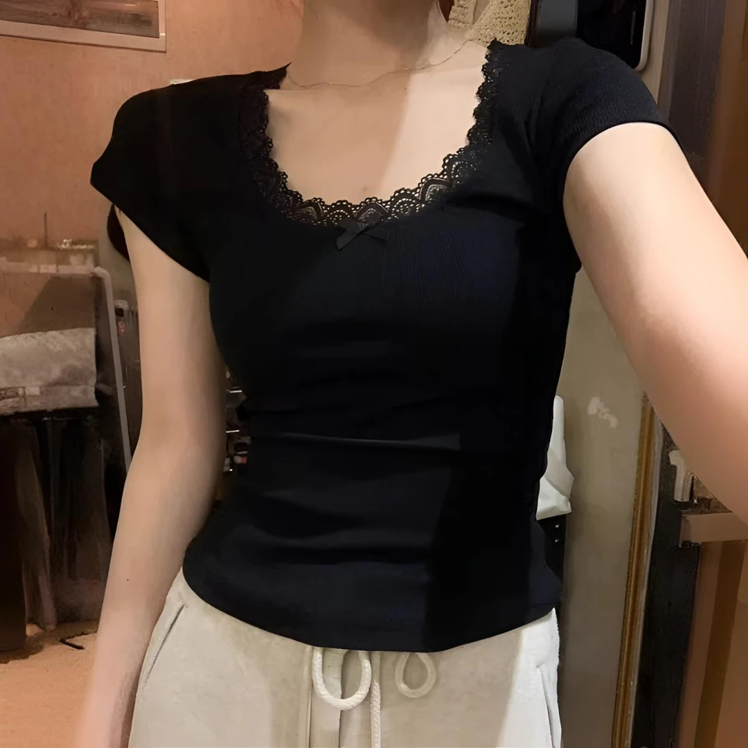 高级感蕾丝蝴蝶结短袖T恤女夏季修身显瘦短款小个子U领半袖上衣潮