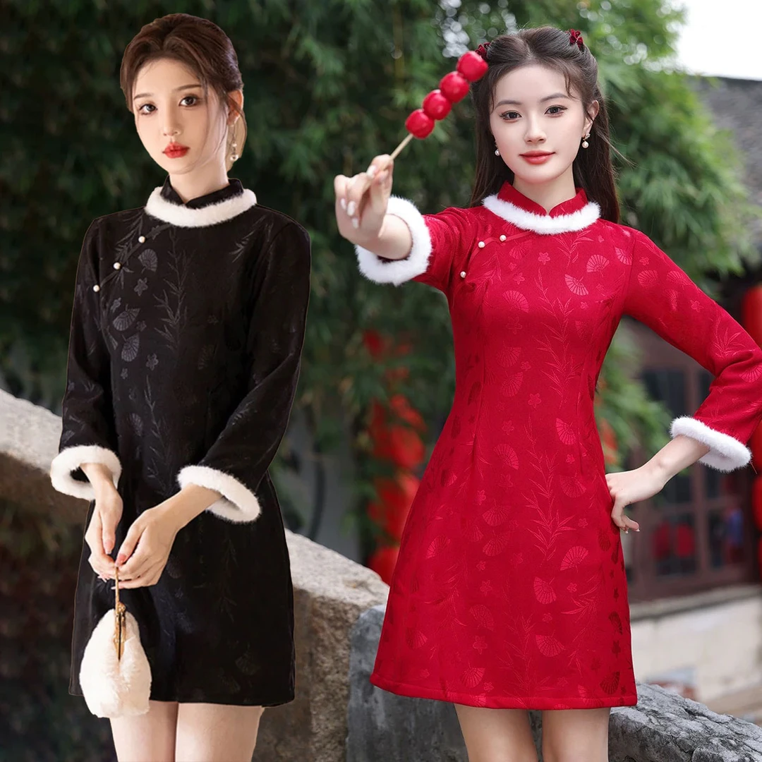 红色拜年服2025年冬季新坤改良版加绒加厚小个子短款九分袖气质